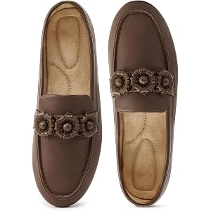 Ecetana Loafers for Women Comfortable Flats - Casual Slip On Shoes for Work | Penny Loafers with Floral - Memory Foam Cushion