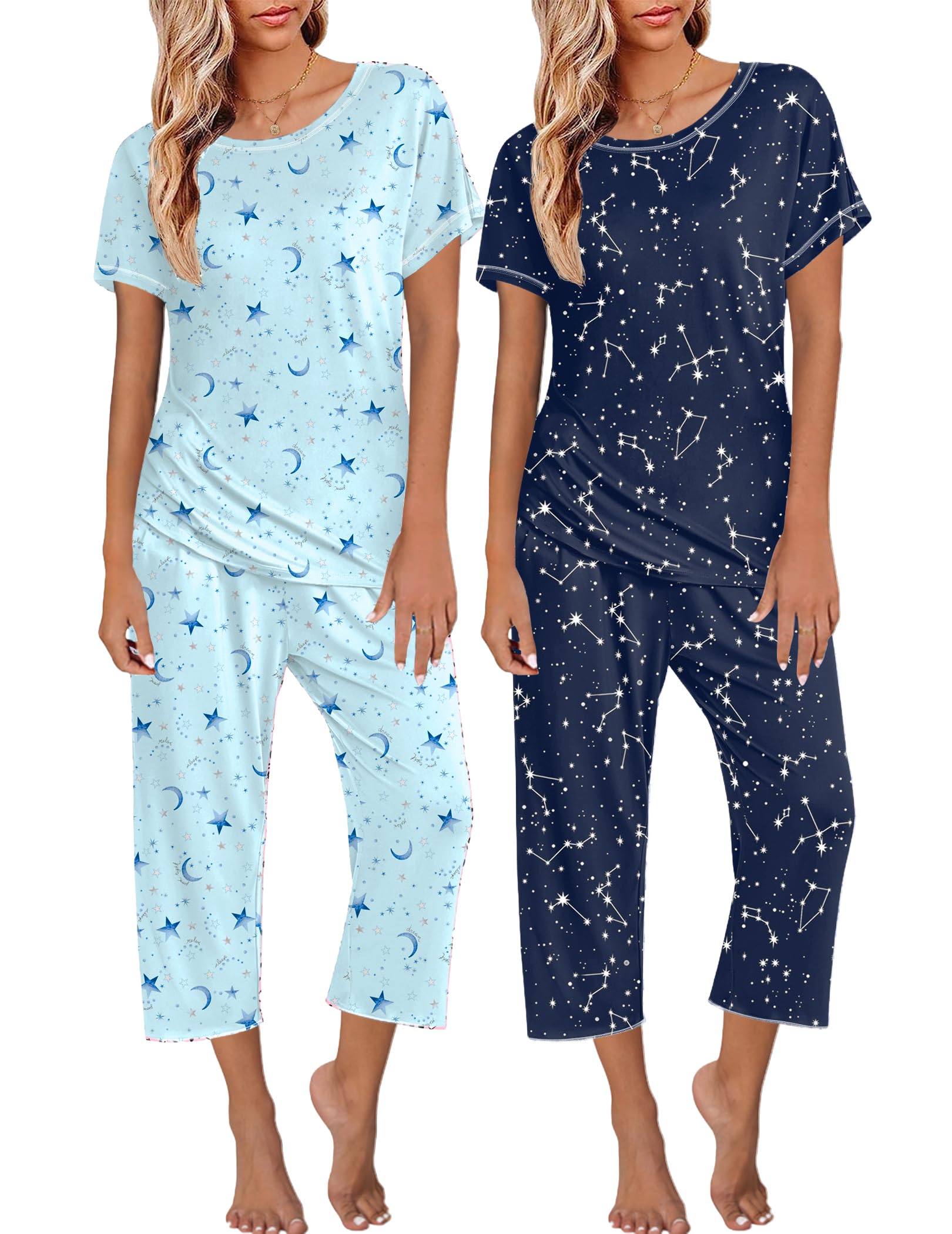 Ekouaer 2 Pack Womens Pajamas Sets Short Sleeve Tops and Capri Pants Pjs Colorful Printed Sleepwear Sets Blue Stars, Moon L Image