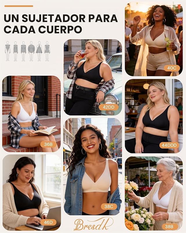Soutien feminino sem aro sem costura com almofadamento confortável e decote profundo em V preto L