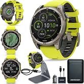 Garmin Fenix 8 Premium Multisport GPS Running Smartwatch, 47 mm, Sapphire | Solar, Dive-Rated, Built-in Flashlight | Titanium with Amp Yellow/Graphite Band with Signature Series Charging Stand