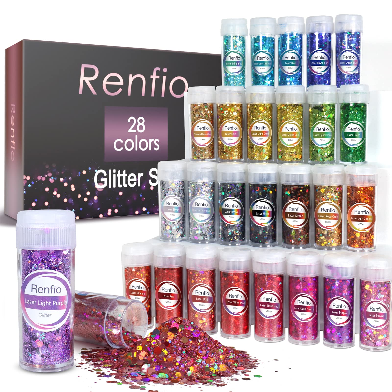 Renfio 28 Colors Holographic Chunky Glitter Set, 9.87oz 280g Chunky Glitter Sequins PET Flakes Mixed Fine Glitters for Crafts, Nail Art, Tumber, Hair, Slime, Festival Decoration