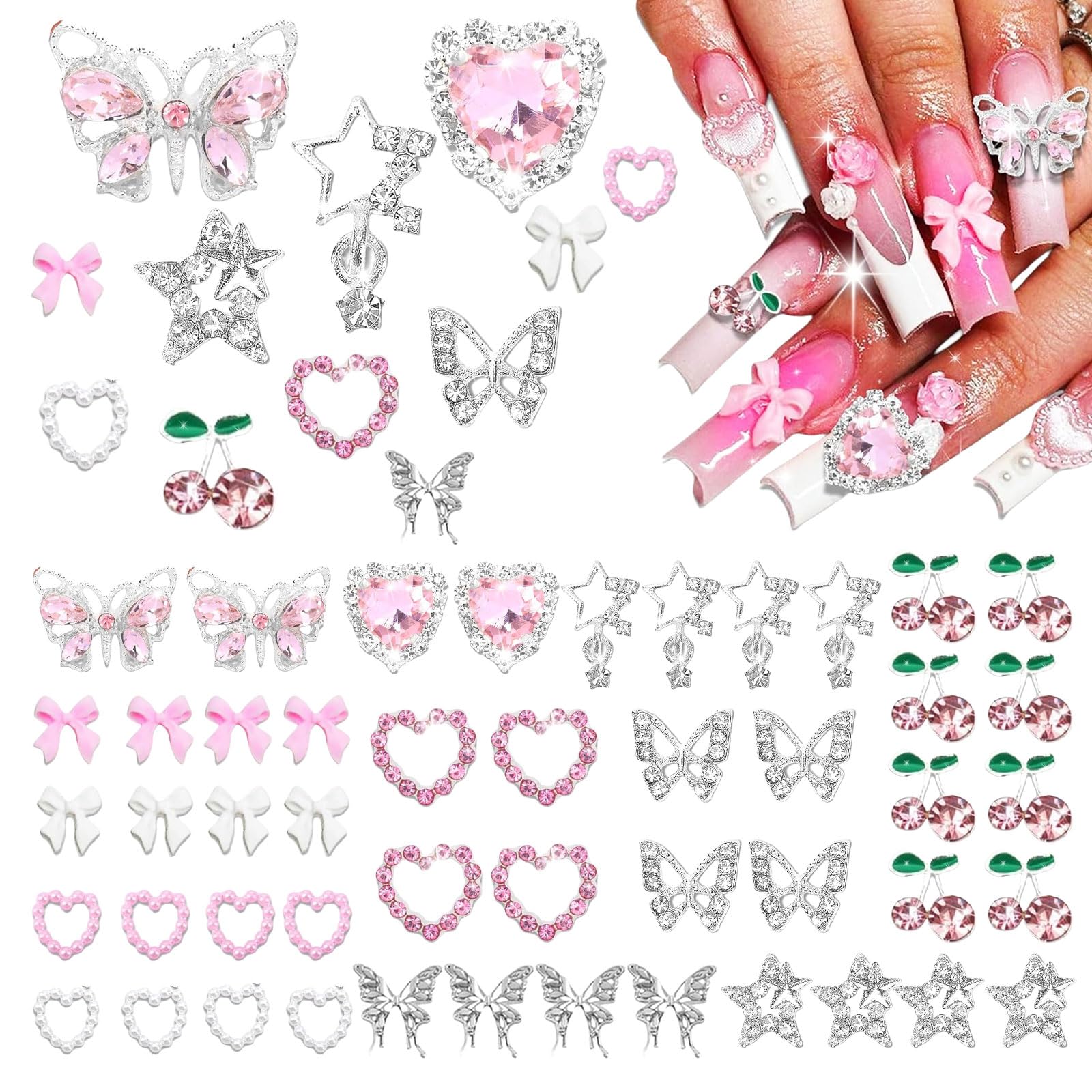 Cosmeria Y2K Nail Charms Set, 48 Pieces, With Hearts, Butterflies, Bows And Stars, Perfect For Creative Nail Art And Trendy Manicure Looks