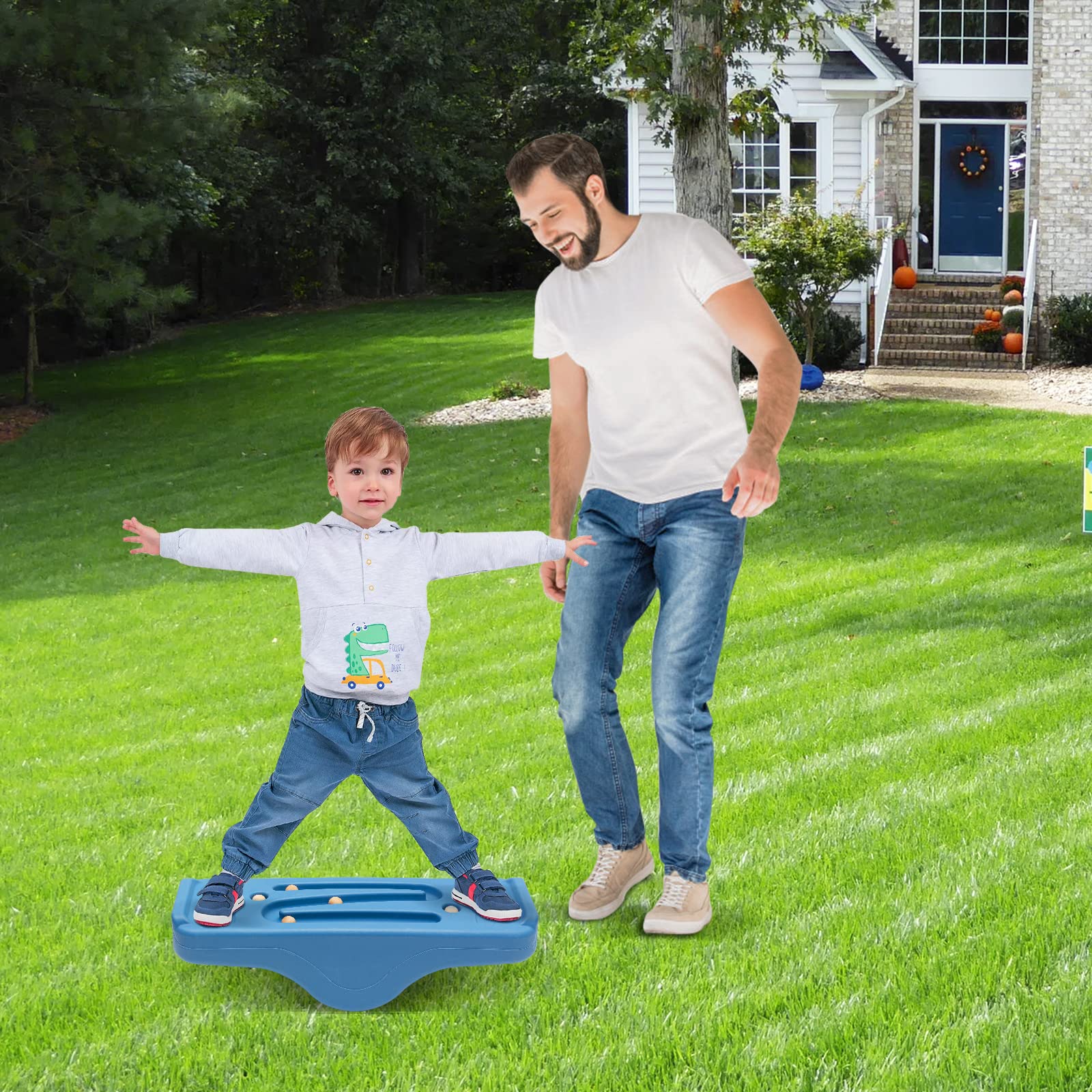 Kids Rocking Seesaw Balance Board with 5 Wooden Balls Sensory Training Rocking Board Balance Training Equipment Children Indoor Outdoor Activity Toy (Blue)