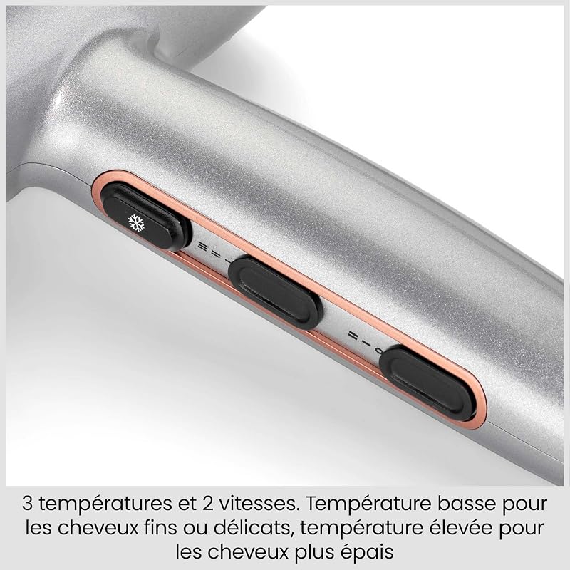 Sèche-Cheveux Cosmos avec Diffuseur, Léger – Sèche-cheveux puissant et élégant de 2100W, Technologie ionique anti-frisottis, 3 températures & 2 vitesses, Argenté, D580DE