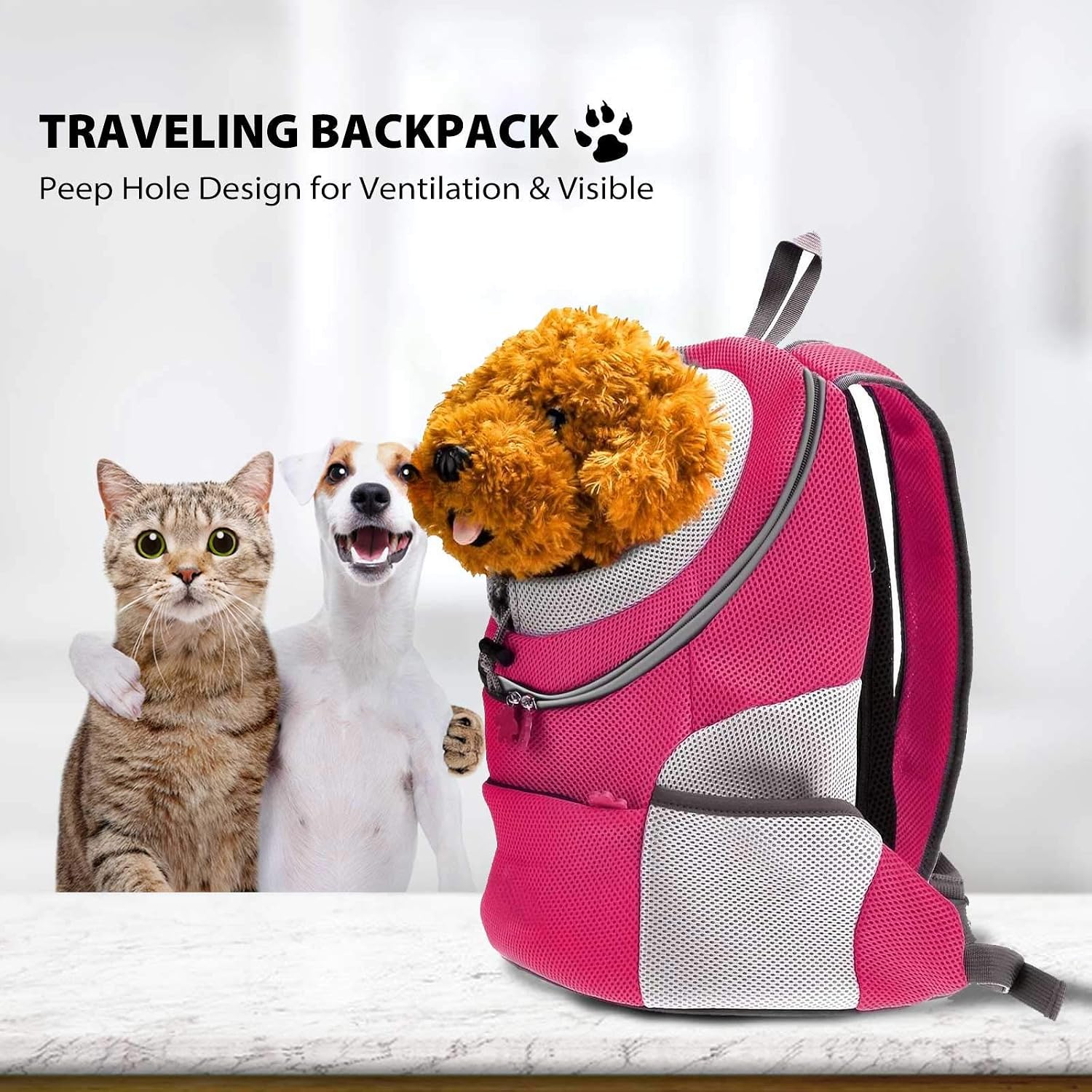 PETCUTE Breathable Pet Carrier Backpack for Small Dogs Cat Up to 6.8KG,Hands-Free Pet Travel Bag with Head-Out Design and Waterproof Bottom,Adjustable Cat Backpack for Hiking & Travel,Pink,L - Image 5