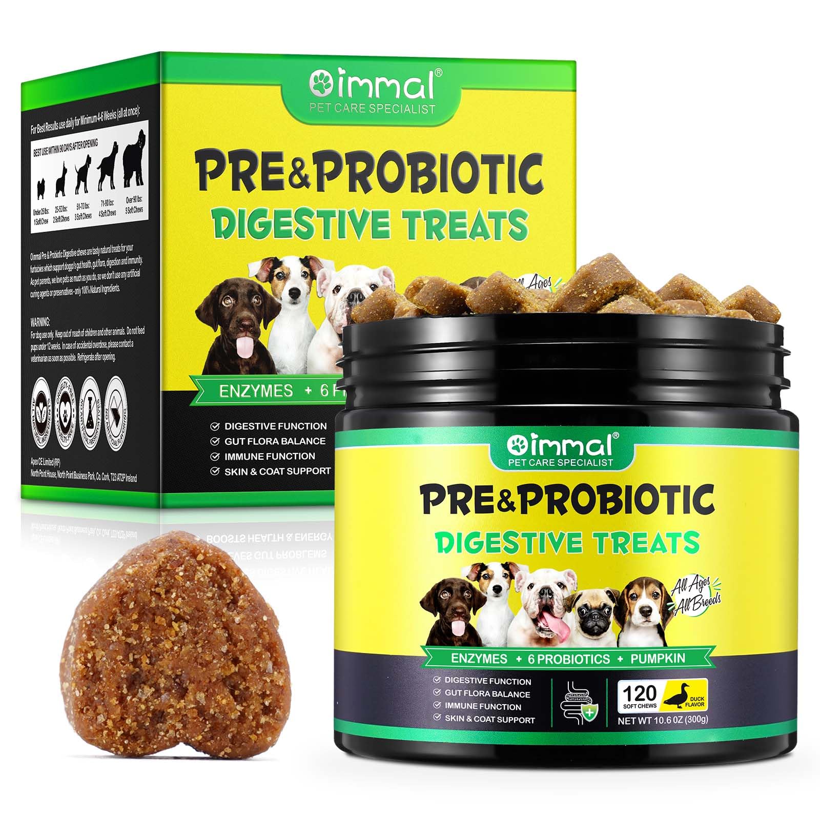 Probiotics for Dogs - 120 Chewable Pre Probiotic Digestive Chews for Dog, Support Gut Health, Itchy Ears, Dog Probiotic Supplement Soft Chews, Pet Supplement for Dogs - Duck Flavor