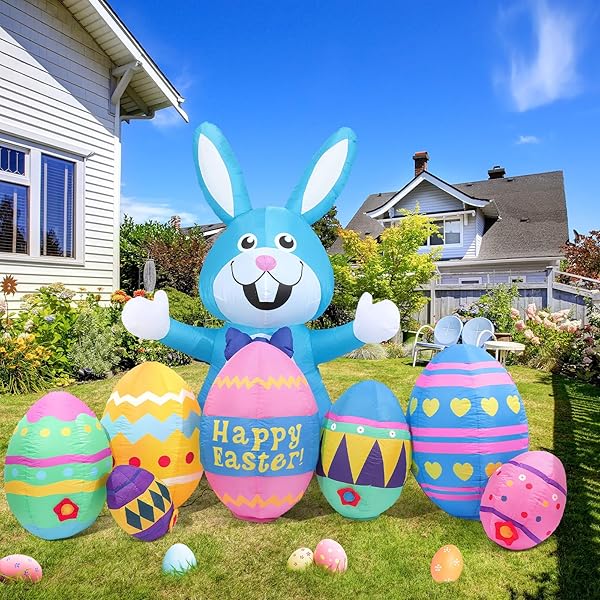 SKYLETY 7 PACK 8FT LONG EASTER INFLATABLES OUTDOOR DECORATIONS BLOW UP BUNNY AND EGGS WITH BUILT-IN LED LIGHTS HAPPY EASTER YARD DECORATION FOR OUTSIDE CUTE SPRING HOME LAWN GARDEN HUNT PARTY