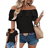 Uhiger Off The Shoulder Tops for Women Boat Neck Blouses Casual Ruffle Short Sleeve Shirts Chiffon Summer Vacation Outfits