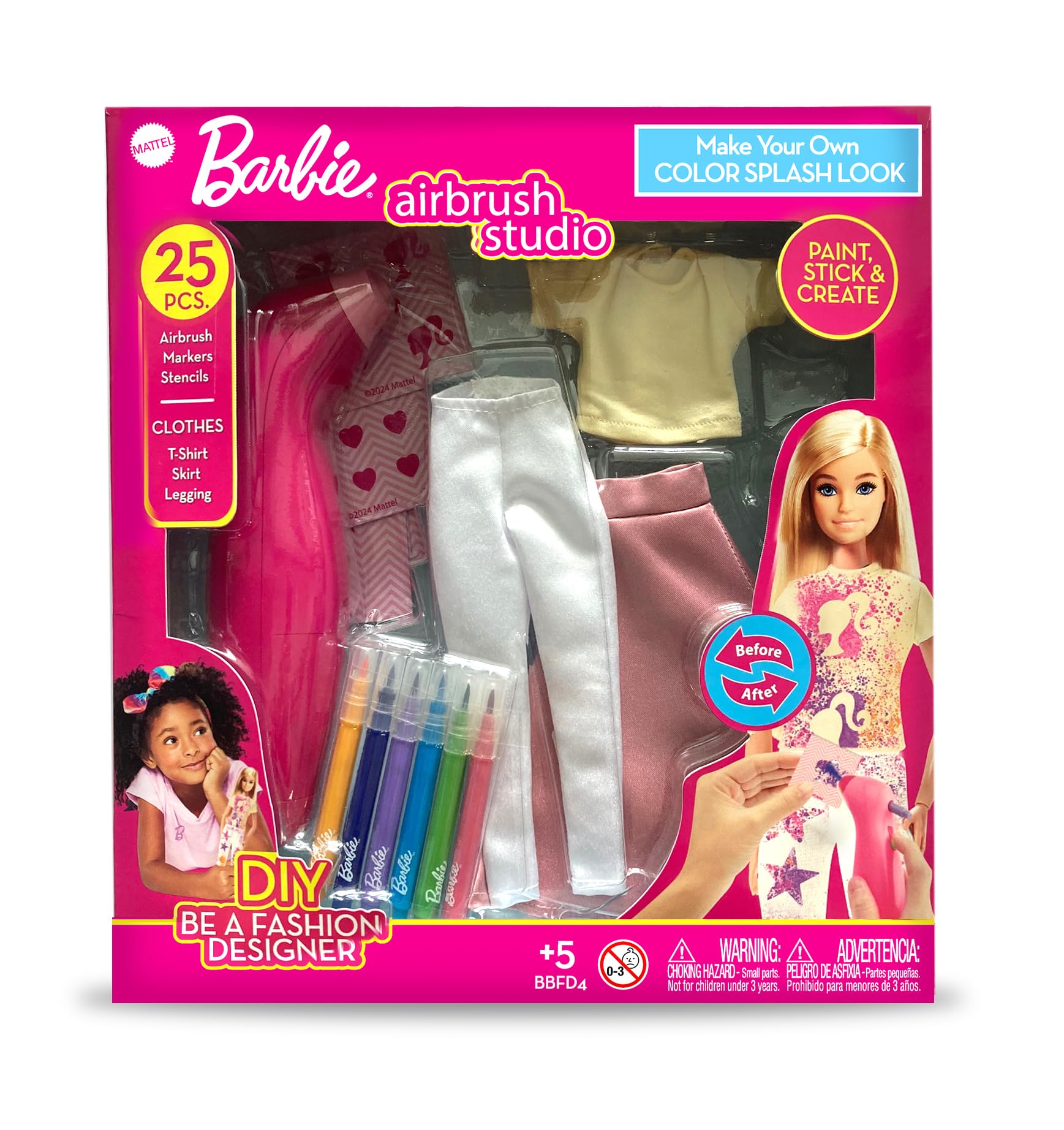 Barbie DIY Airbrush Studio โ 25-Piece Color Splash Fashion Kit | Design Barbie Clothes for Dolls with Airbrush, Markers, Stencils, and Outfits | Creative Toy for Girls Ages 5+