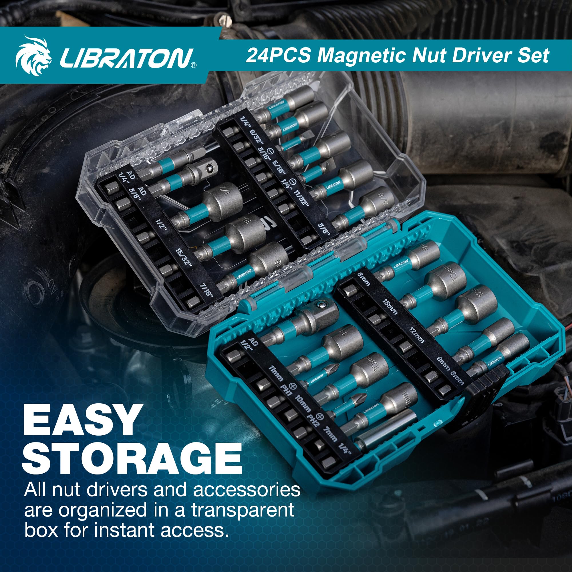 LIBRATON 24 Magnetisches Steckschlüssel-Set, Schlagbohrschrauber-Bit-Set 1/4 Zoll, Metrische und SAE Magnet Stecknuss für Schlagbohrmaschinen, Stecknuss Adapter, Bithalter, Bohrer, mit Werkzeugkasten 6