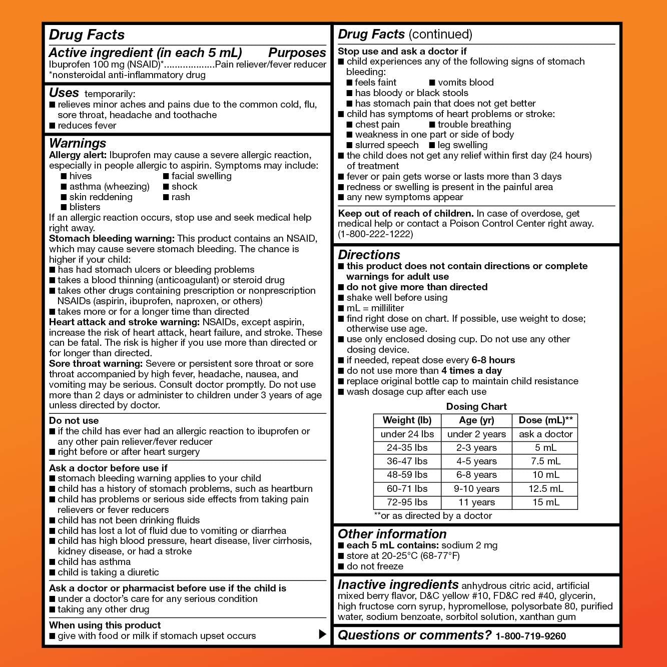 Basic Care Children's Ibuprofen Oral Suspension 100 mg per 5 mL (NSAID), Pain Reliever and Fever Reducer, Berry Flavor, 8 Fluid Ounces: Health & Personal Care