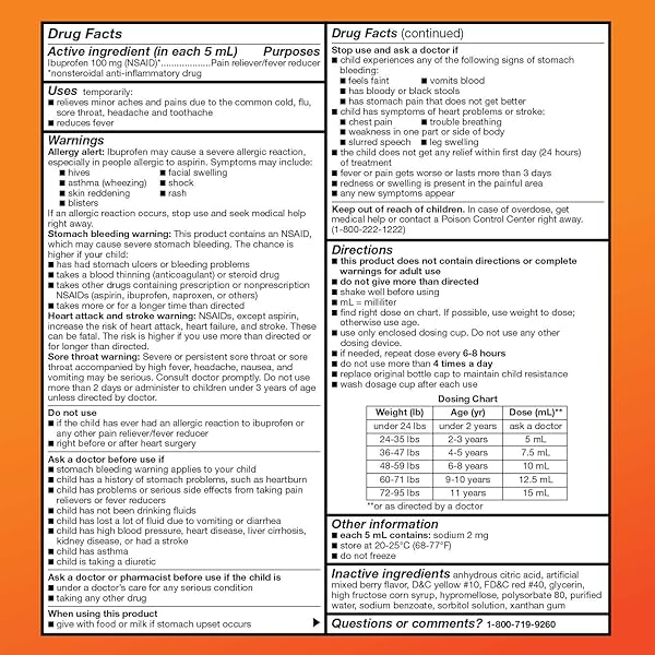 AMAZON BASIC CARE CHILDREN’S IBUPROFEN ORAL SUSPENSION, 100 MG PER 5 ML, PAIN RELIEVER AND FEVER REDUCER, BERRY FLAVOR, FOR SORE THROAT, HEADACHE RELIEF AND MORE, 8 FL OZ (PACK OF 1)