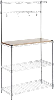 AmazonBasics Kitchen Storage Baker's Rack with Table, Wood/Chrome