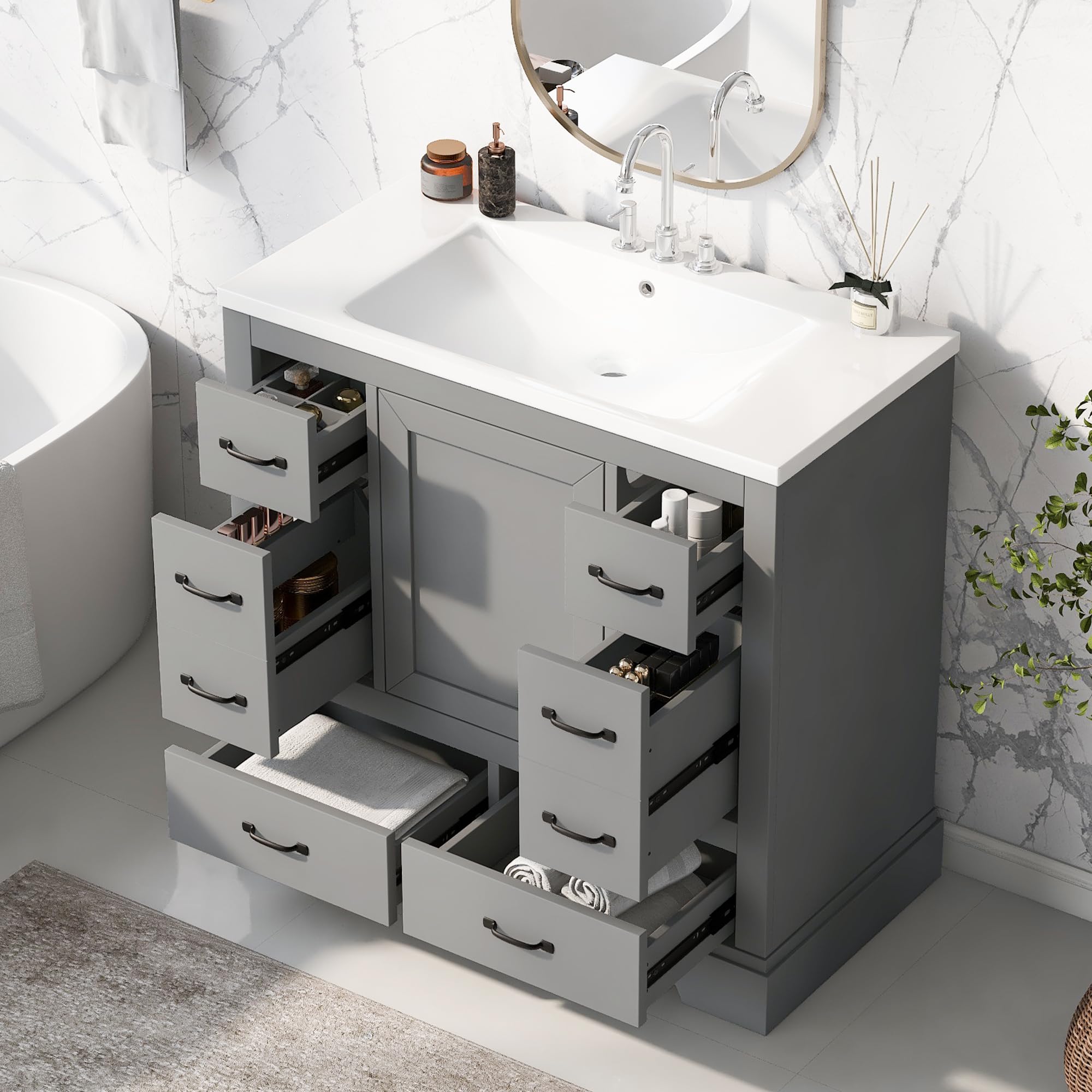 Photo 1 of Harper & Bright Designs 36" Bathroom Vanity with Sink, Free Standing Single Basin Vanity Set with 6 Drawers & One Cabinet with Adjustable Shelf, Bathroom Cabinet with Ceramic Basin for Bathroom, Grey