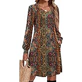 Zeagoo Fall Dresses for Women Long Sleeve Casual Pleated V Neck Dress 2025 A Line Tunic Dress