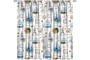 ICMOLYYENLO Nautical Sailboat Blackout Curtains Sailboat Lifebuoy Marine Life Lighthouse Pattern Printed Curtains Ocean Nautical Theme Living Room Curtains 42x45 Inches 2 Panels