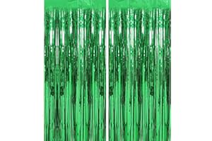YIGHAW 2 Pack 3.2 ft x 9.8 ft Green Tinsel Curtain Party Backdrop Decorations, Metallic Foil Fringe Backdrop Door for Halloween, Christmas, Birthday Graduation Wedding Party Streamers Photo Backdrop.