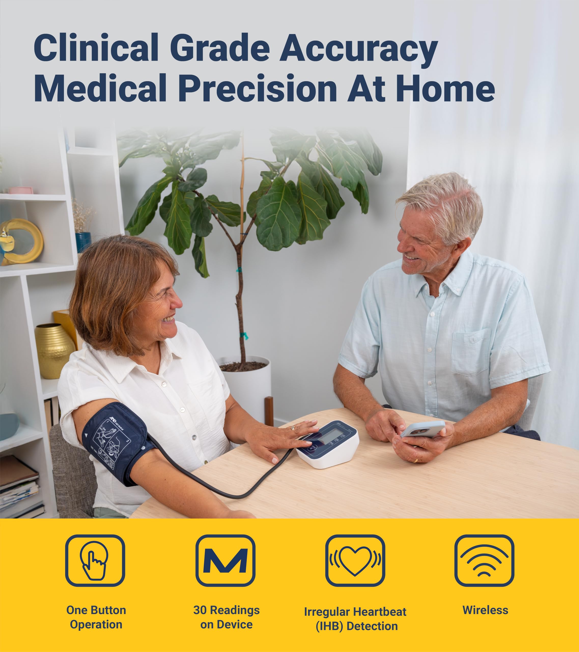 A&D Medical Bluetooth Blood Pressure Monitor for Home Use, UA-651BLE – Upper Arm Precise BP Machine – Wide Range Cuff (8.6” / 22-42cm), App is iOS & Android Compatible, AA Batteries