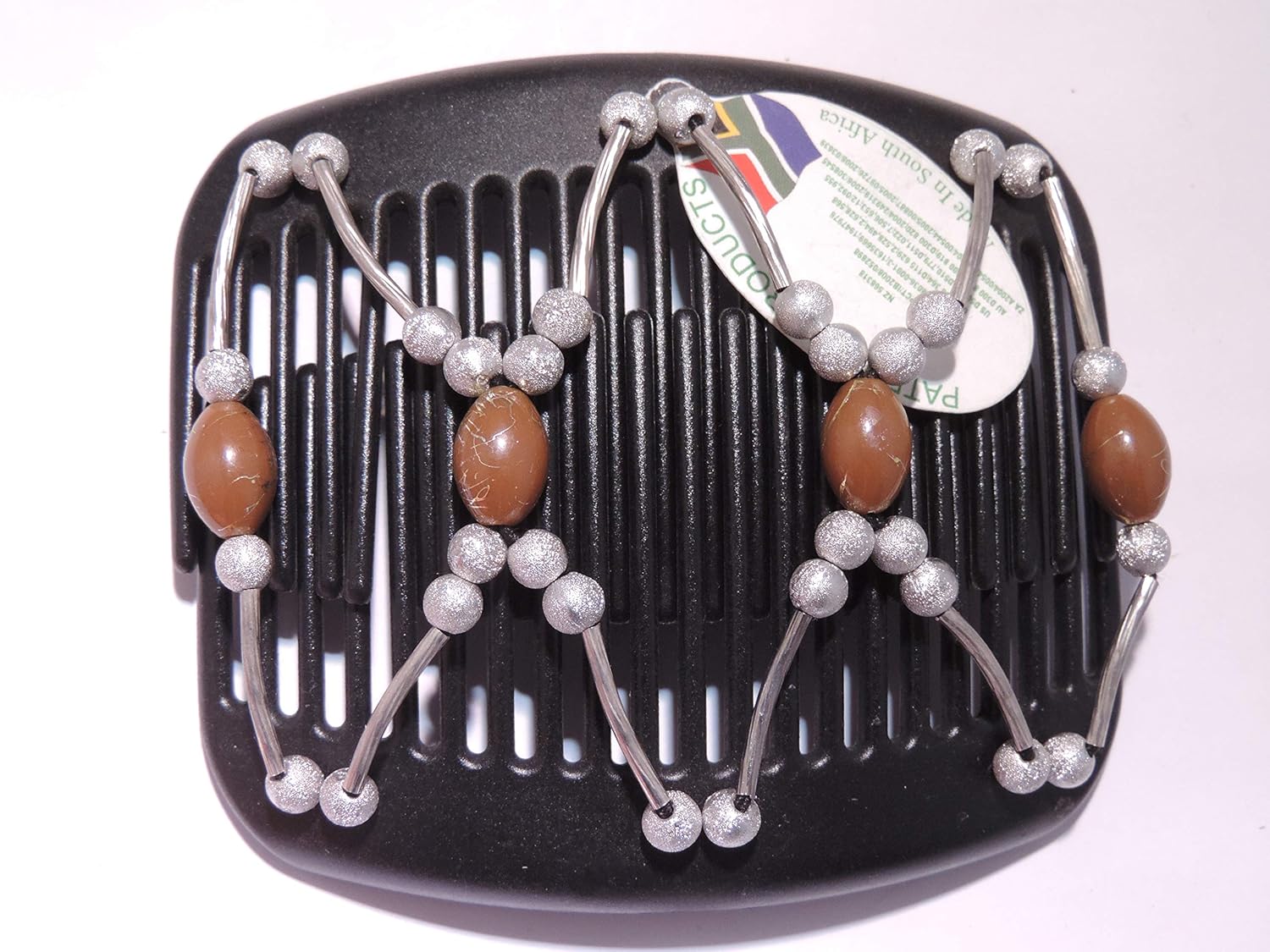 African Butterfly Hair Clip 11cm Black Comb Silver And Brown Beads