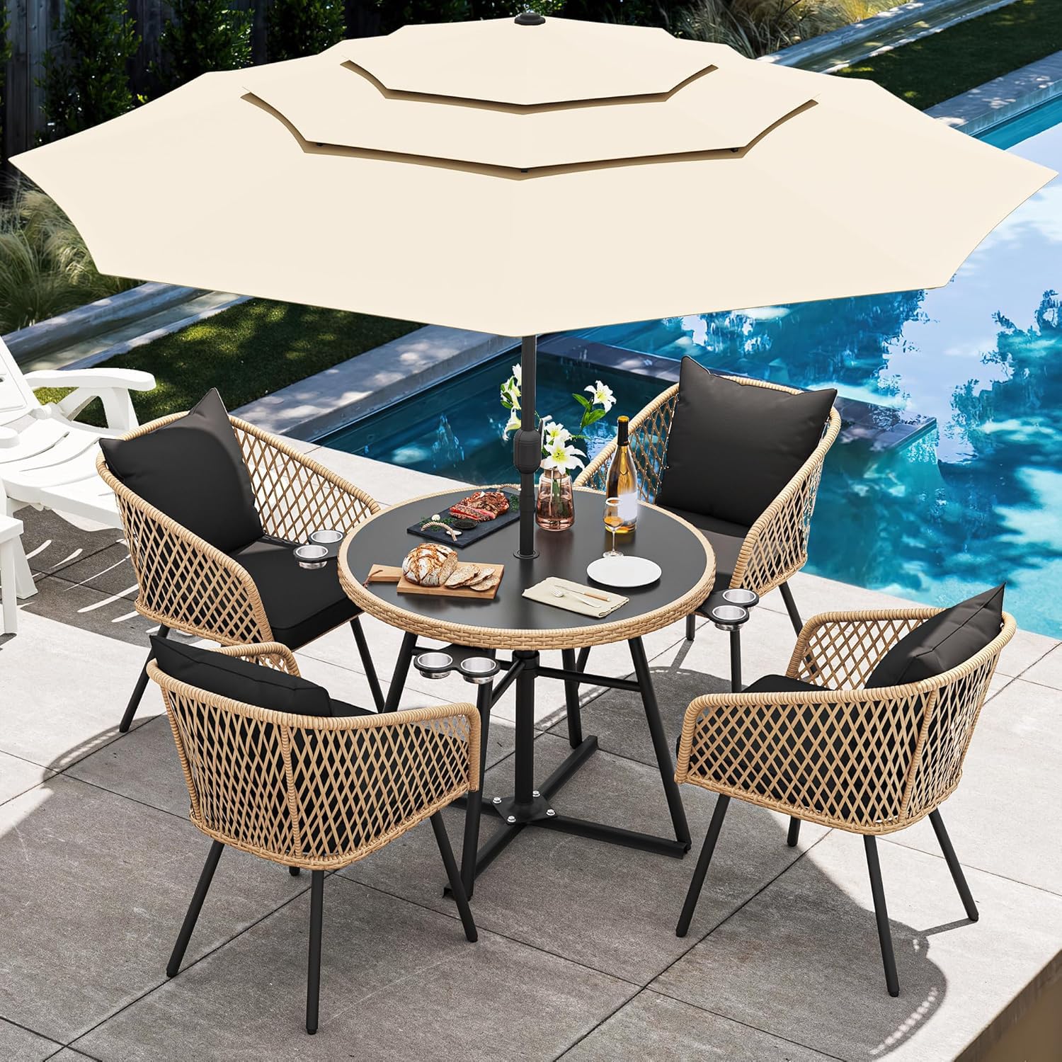 Photo 1 of **SELLING FOR PARTS AS PARTIAL SET. 2 OF 3 BOXES**OYITAHOME 6 Piece Patio Dining Set w/10ft Umbrella, 4-Person Outdoor Dining Set w/Tempered Glass Tabletop & 4 Dining Chairs, Outdoor Patio Dining Set for Deck Lawn Porch