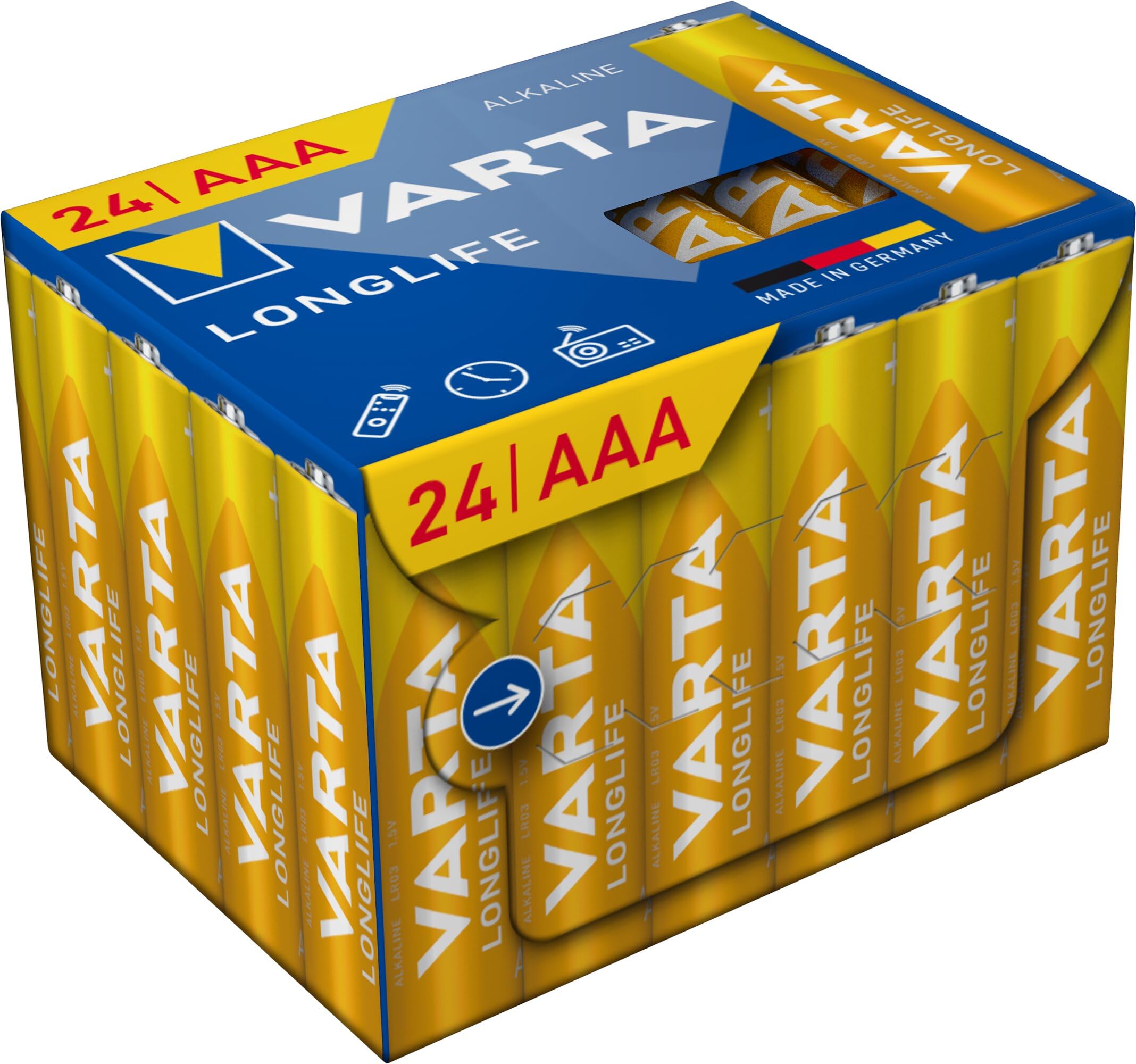 VARTA Batterien AAA, 24 Stück, Longlife, Alkaline, 1,5V, Cube, ideal für Fernbedienungen, Wecker, Radios, Wanduhren, Verpackung zu 90% recycelt, Made in Germany