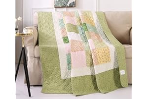 KINBEDY 100% Cotton Quilts Twin Size Green Floral Patchwork Bed Quilt Reversible Quilted Blankets Coverlets Bed Throws for Couch Sofa, 60"x80"