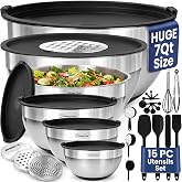 Priority Chef 6Pc Stainless Steel Mixing Bowls with Lids Set, Huge 7 Qrt Size Metal Bowl Set for Kitchen, 3 Graters, Non-Slip