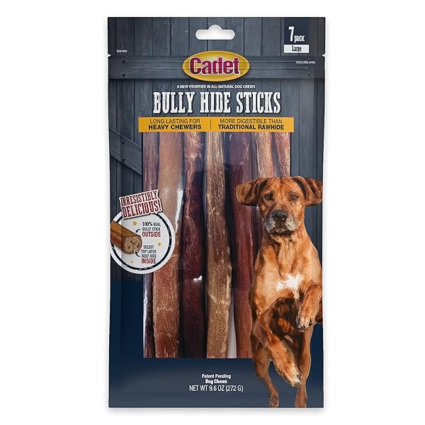 CADET BULLY HIDE STICKS FOR LARGE DOGS, ALL-NATURAL BEEF PIZZLE, LIMITED-INGREDIENT LONG-LASTING DOG CHEWS FOR AGGRESSIVE CHEWERS, 7 COUNT