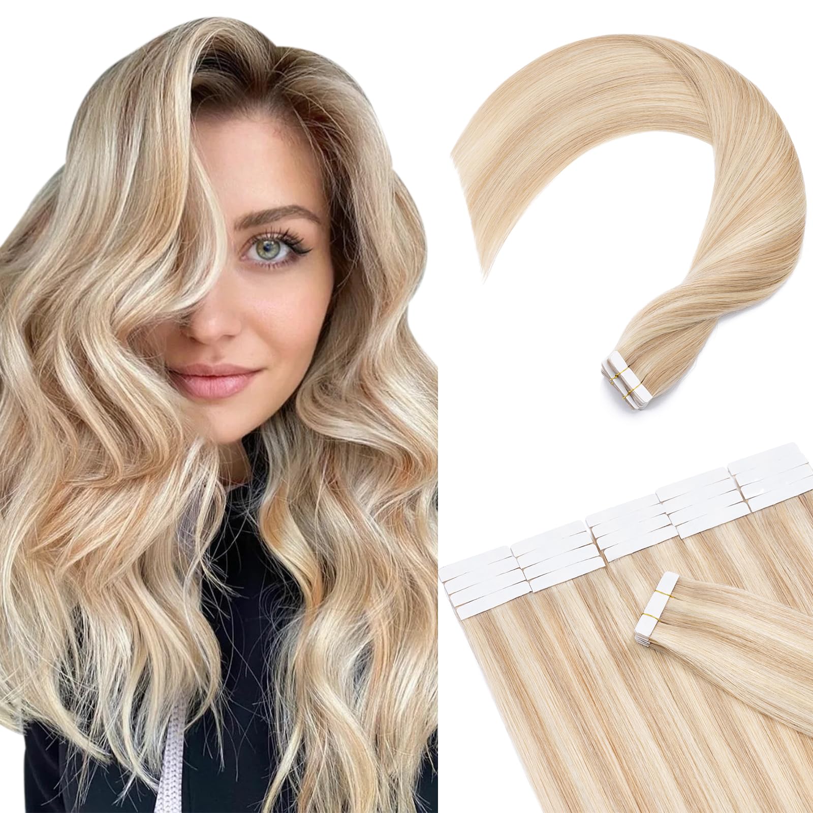 SEGOHAIR Tape in Hair Extensions Human Hair 20pcs Extensions,100% Real Remy HairPieces 16" Natural Invisible Straight with 10pcs of Hair Extension Tapes-Dark Blonde with Bleach Blonde — image 1