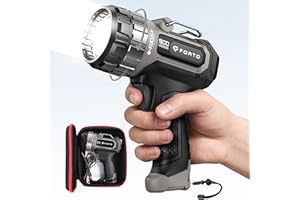 FORTO Compact Rechargeable Spotlight with Adjustable Focus, Handheld Spotlight with Stand, 823m Range, 3 Light Modes and LED 