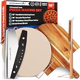 KitchenStar 16-inch Pizza Making Set, 6 PCS - Pizza Stone + Stainless Steel Rack, Acacia Wood Pizza Peel, Pizza Cutter Rocker