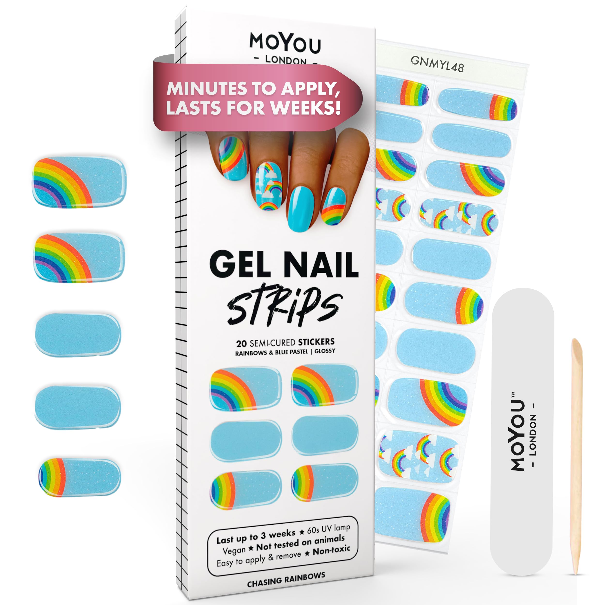 MOYOU LONDON Semi Cured Gel Nail Strips - 20 Pcs. Waterproof Gel Nail Wraps, Cures in Sunlight or UV/LED Lamp, Lasts Up to 2+ Weeks, Stretchable, Easy to Apply & Remove, Vegan & Cruelty-Free