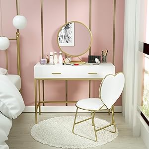Mecor Vanity Table Set with Round Mirror,Wood Makeup Vanity with Gold Metal Legs,Heart Shape Cushioned Stool,Girls Women Bedroom Furniture Set Makeup Table 2 Drawers Storage White