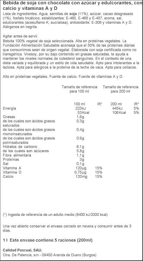 Vivesoy - Bebida de Soja sabor Chocolate - 1 L