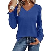 TESANCCO Long Sleeve Shirts for Women V Neck T-Shirt Dressy Business Casual Blouses Basic Tee Tunic Tops Work Office Fall Clothing 2025 Blue XXL