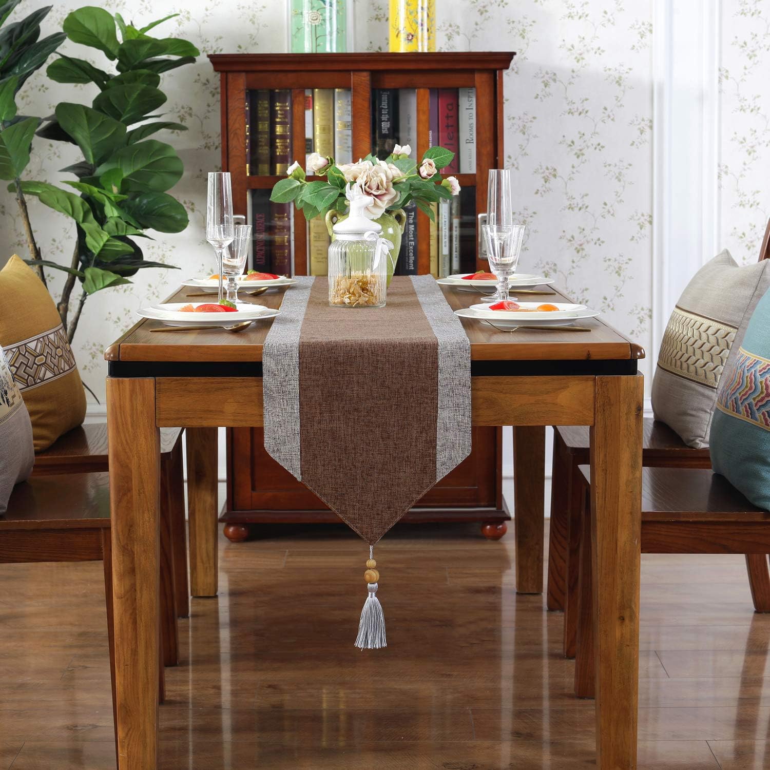 joybest Dining Table Runner 13 x 108 inch, Striped Cotton Linen Rustic Table Runners with Tassels for Family Dinner, Wedding Party Holiday Decorations, Farmhouse, Thanksgiving&Christmas, Coffee: Home & Kitchen