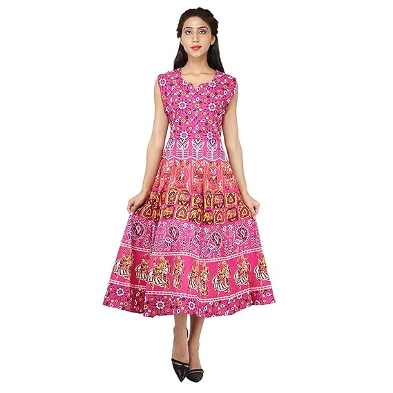 Women's Cotton Dress (ADMidi040_Pink_Free-Size)