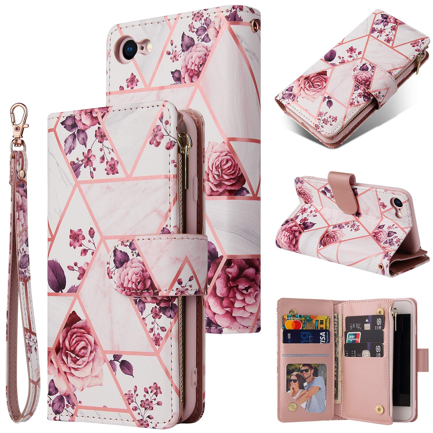 UEEBAI Wallet Case for iPhone 7/8/SE 2022 5G/SE 2020, Premium PU Leather Magnetic Handbag Zipper Case Kickstand Card Slots Wrist Strap Flip Cover for iPhone SE3/SE2 -Rose Gold#2 — image 1