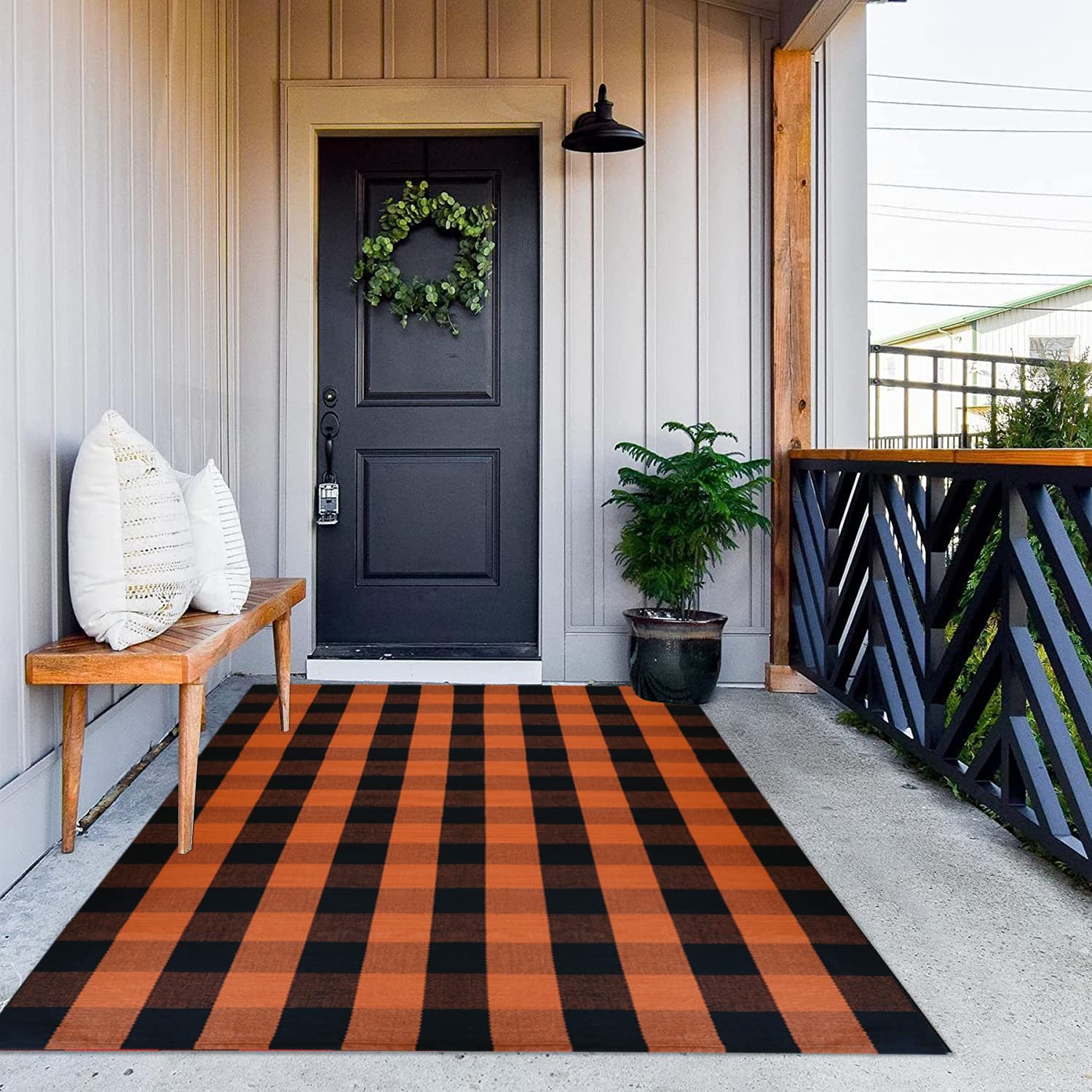 MUBIN Cotton Buffalo Plaid Rug, 4' x 6' Orange Black Outdoor Rug Decorative Mat, Washable Large Halloween Doormat Foldable Area Rug for Outdoor Patio Indoor Living Room Dining Room Kitchen Image