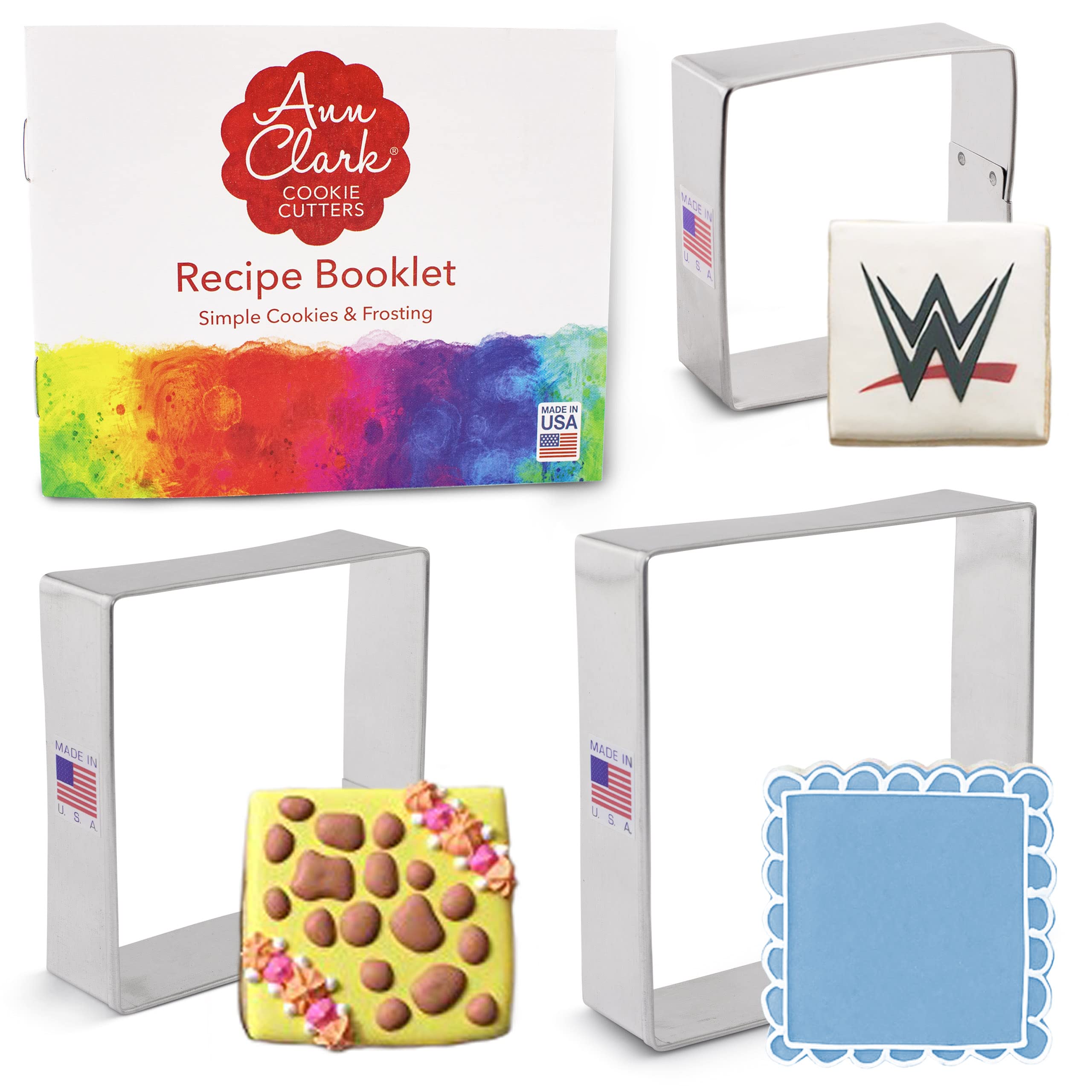 Square Cookie Cutters 3-Pc. Set Made in USA by Ann Clark, 2.5", 3", 3.5"