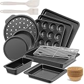 HONGBAKE Bakeware Sets, Baking Pans Set, 12 Pieces Nonstick Oven Pan with 120 Muffin Liners for Kitchen, Wider Grips, Including Rack, Cookie Sheet, Cake, Loaf, Muffin, Pizza Pan - Gray