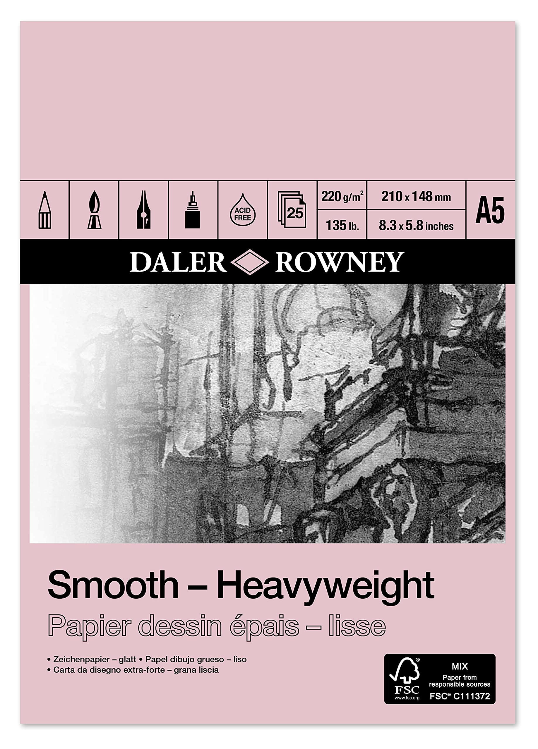 Daler-Rowney Smooth 220gsm A5 Heavyweight Drawing Paper Pad, Glued 1 Side, Acid-free, 25 Natural White Sheets, For Professional Artists & Students