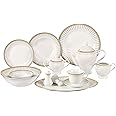 Lorren Home Trends 57-Piece Porcelain Dinnerware Set with Rain Drop Border, Service for 8, Gold