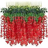 PmHaurient 24pcs Wisteria Hanging Flowers,3.6 FT Fake Wisteria,Artificial Wisteria Hanging Flowers Wisteria Garland Arch Silk String for Wedding Garden Party Outdoor Home Wall Decoration (24pcs red)