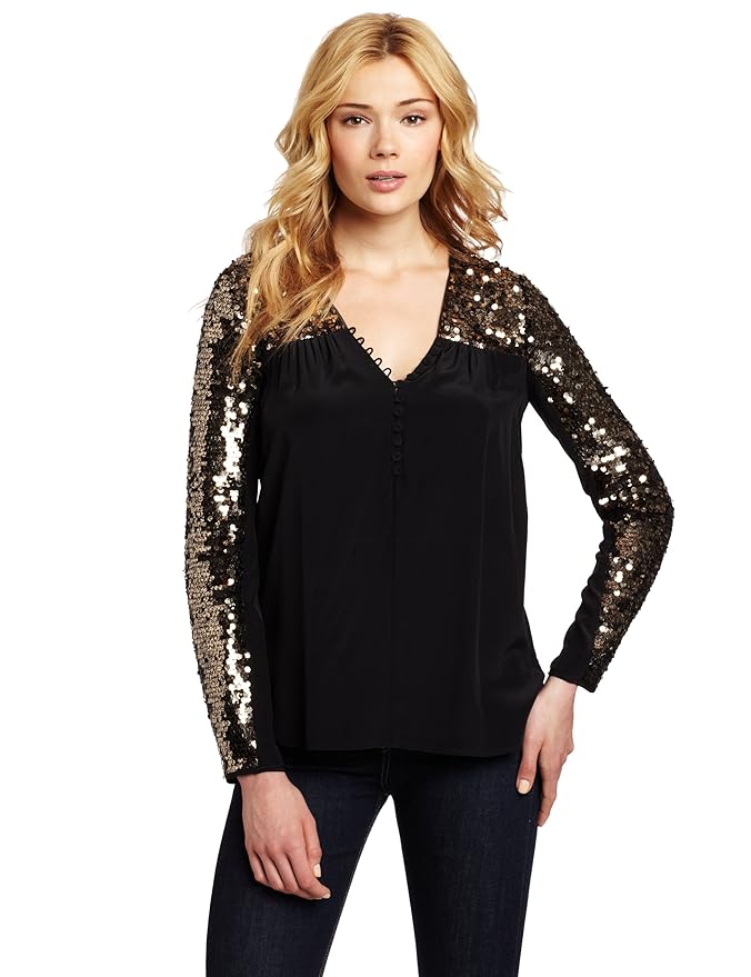 Amazon.com: BCBGMAXAZRIA Women's Sequin Sleeve Woven Sportswear Top, Black Combo, X-Small: Clothing