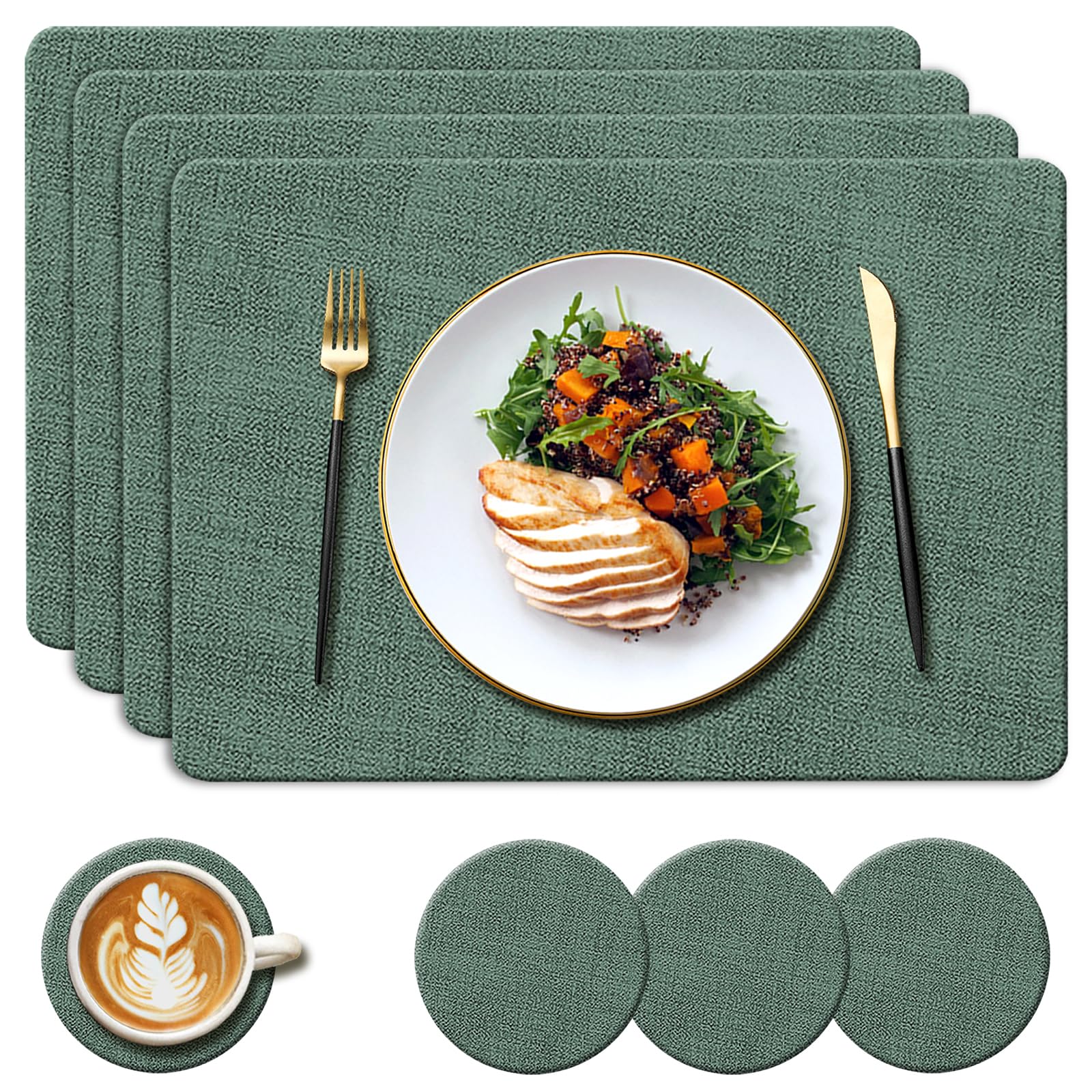 YUNJUER Leather Place mats and Round Coasters Set, Heat-Resistant 212 °F, Non-Slip and Waterproof, Easy to Clean, PU Table Mats for Kitchen, Home, Restaurant, Dining Table, 8 Pieces, 43x30cm, (Green)