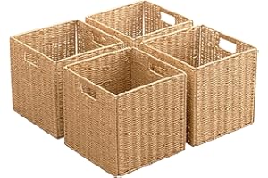 CHUBANCRAFT Foldable Storage Baskets with Handles Paper Rope Storage Baskets Rectangle Collapsible Hand Woven Storage Cubes Bins for Organizing Shelves Living Room Bedroom Pantry (4, 13'' x 13'' x 13'')