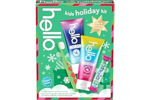 Hello Kids Toothbrush and Kids Toothpaste with Fluoride Holiday Gift Set, for Ages 3 and Older, Includes Bubblegum and Blue Raspberry Flavored Toothpastes, an Hourglass Timer, and Fun Holiday Crafts