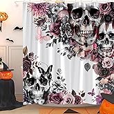 CWHCWA Skull Flower Butterfly Shower Curtain Gothic Floral Skeleton Pink Rose Spooky Scary Romantic Horror Art Vintage Halloween Bath Decor Curtain with Hooks