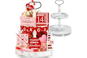 Shellwei 14 Set Valentine's Day Tiered Tray Decor with Tray Heart Wood Sign Rustic Farmhouse February 14 Signs for Romantic Valentine's Day Table Holiday Decor